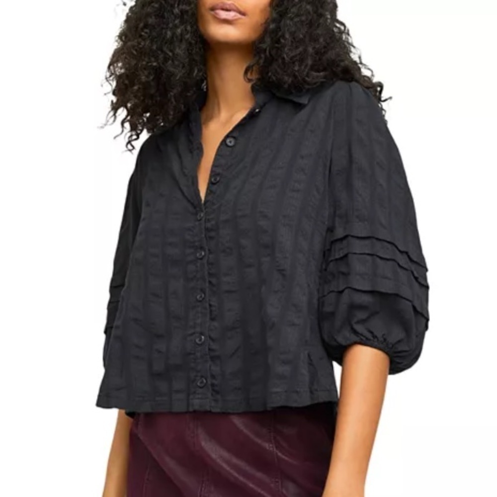 New! Free People Happy Days Puff Sleeve Cropped Blouse black 20712